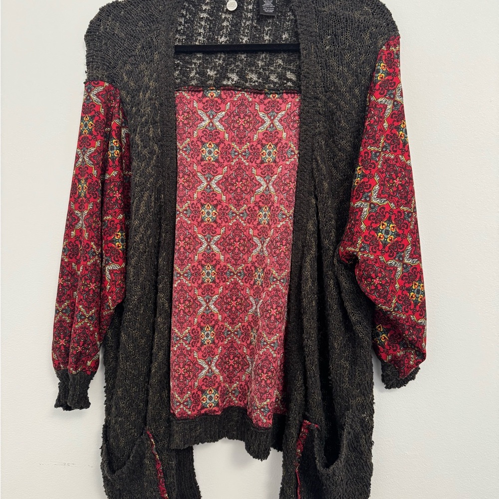 Women's Brown knit and Red Patterned design Cardigan